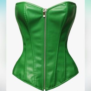 bslingerie Womens Faux Leather Zipper Front Bustier Corset Top Green